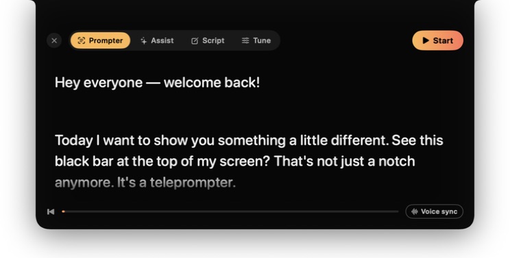 Actual VerbaCue Prompter showing a synthetic sample script beside the Mac camera